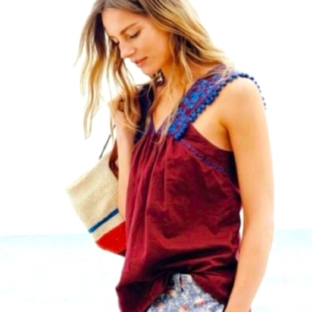 J. Crew Burgundy Embroidered Pom Pom Tank Top, Size 4